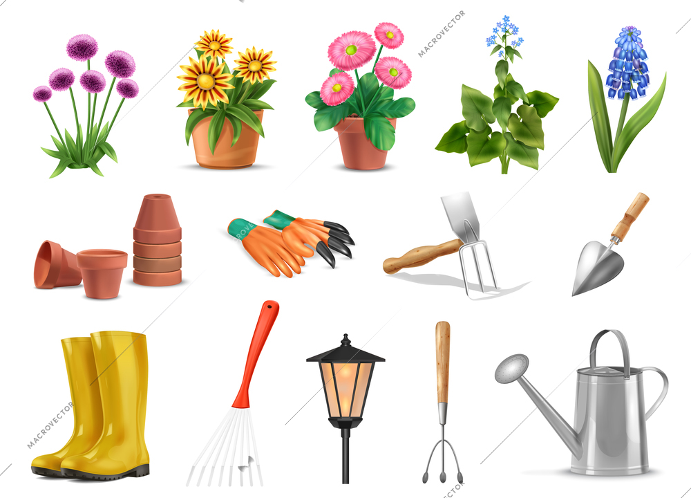 Realistic garden flowers plants and tools set with isolated icons images of gardening equipment and flowers vector illustration