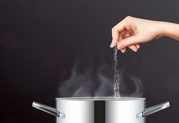 Salt and pot realistic composition with human hand pouring salt into cooking pot with boiling water vector illustration