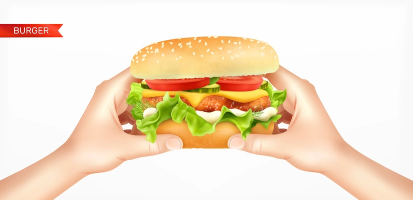 Burger in hands realistic composition with text ribbon and human hands holding round cheeseburger bread sandwich vector illustration