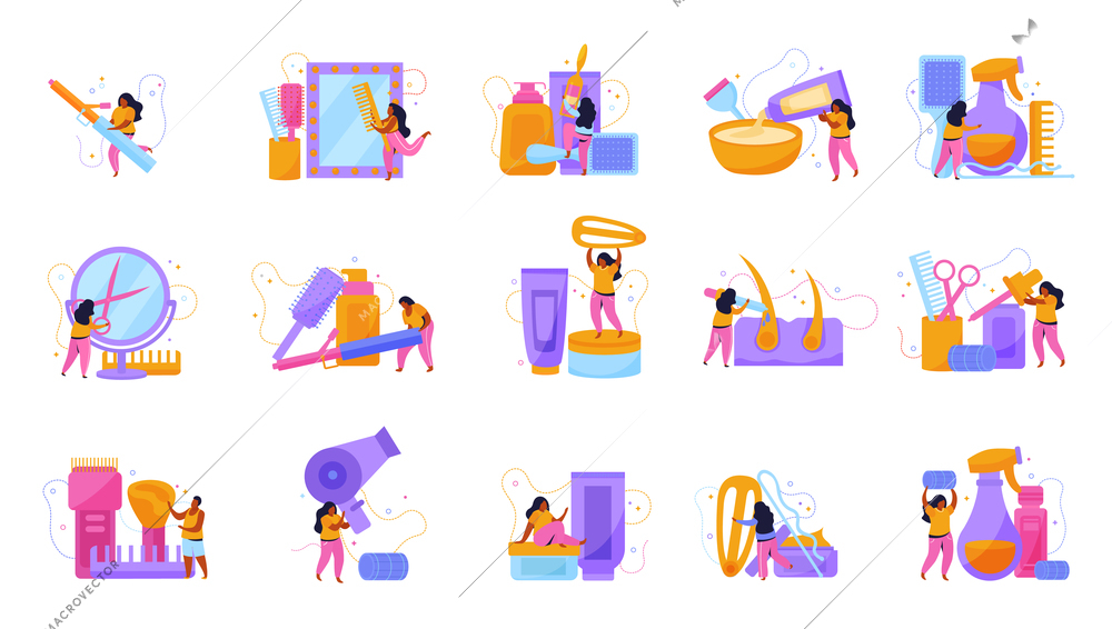 Hair care flat recolor set of isolated icons with female characters with sanitary and beauty products vector illustration