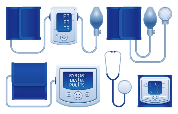 Digital and manual aneroid stethoscope tonometers with normal arterial blood pressure measuring results realistic set vector illustration