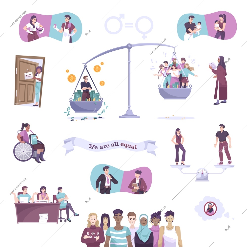 Social justice set flat isolated icon set with we are all equal headline on the ribbon vector illustration