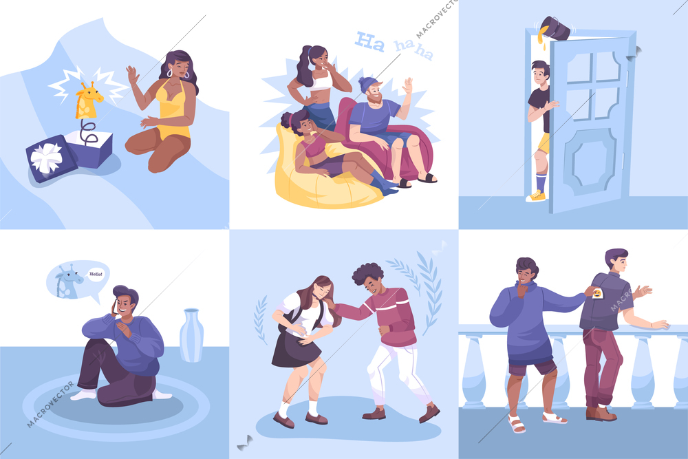 All fools set of flat compositions with doodle characters of people making pranks of each other vector illustration