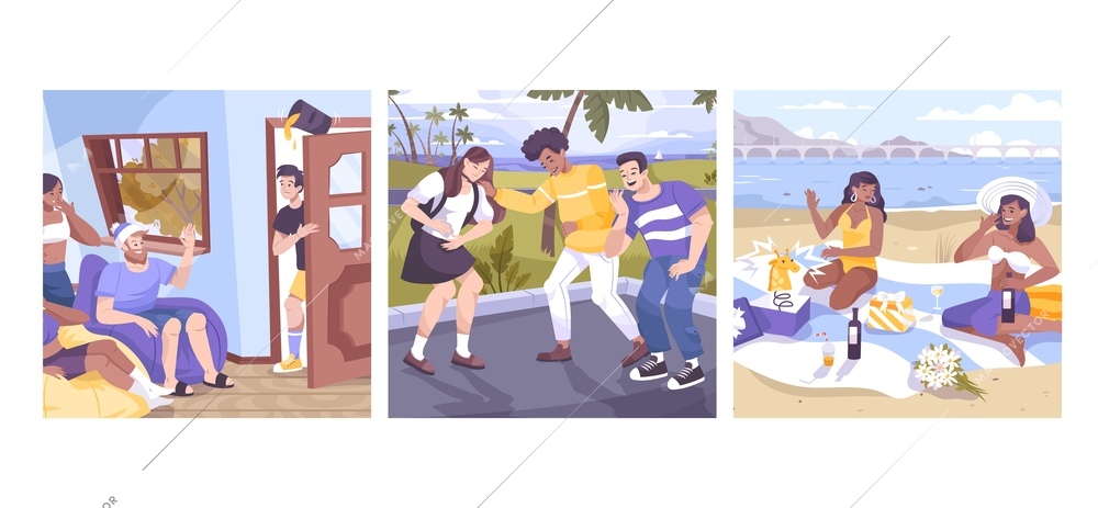 All fools set of three square compositions with various landscapes and people during pranks funny situations vector illustration