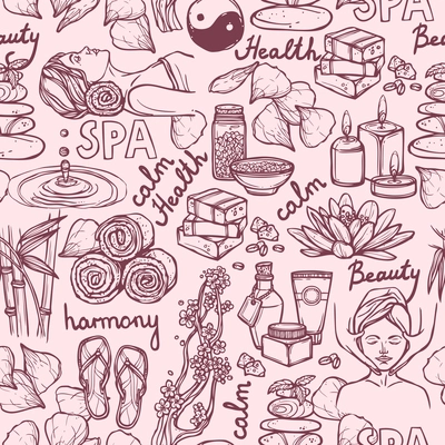 Spa therapy alternative medicine wellness sketch seamless pattern vector illustration.