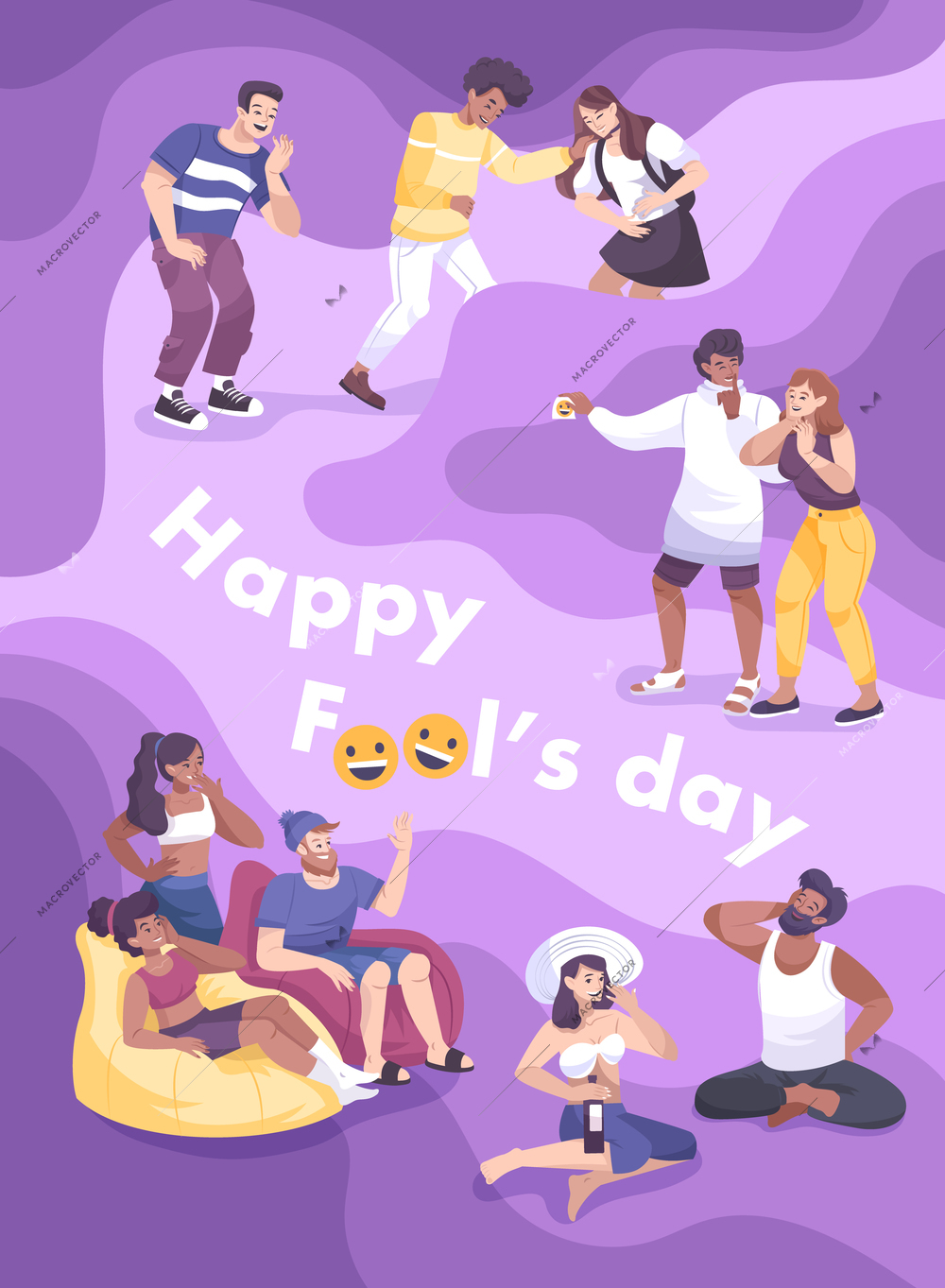 All fools day card flat composition with editable text surrounded by doodle characters of laughing people vector illustration