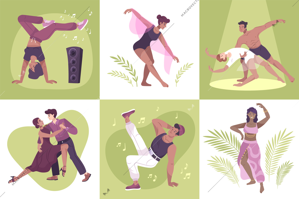 Dancer set of six flat compositions with people dancing to the music solo and in pairs vector illustration