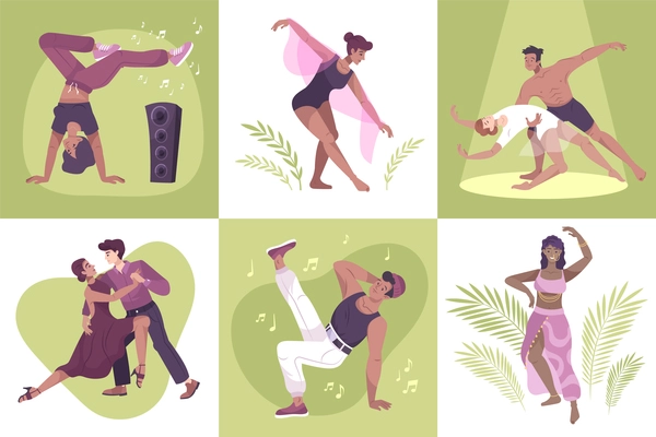 Dancer set of six flat compositions with people dancing to the music solo and in pairs vector illustration