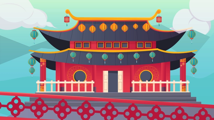 Traditional chinese temple exterior decorated with colourful lanterns at new year flat vector illustration