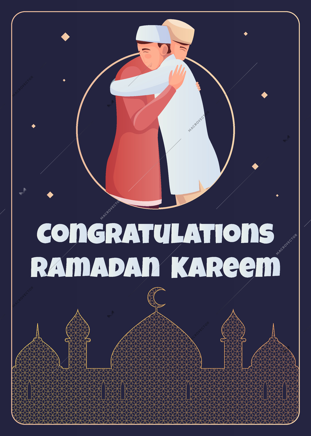 Ramadan flat greeting card with two hugging muslims and mosque silhouette at night vector illustration