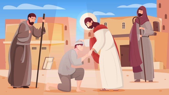 Jesus healing people with his hands flat vector illustration
