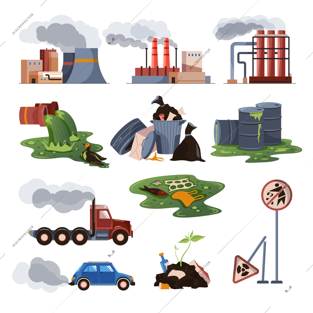 City air and water pollution set with colored icons of factories waste vehicles garbage on white background vector illustration