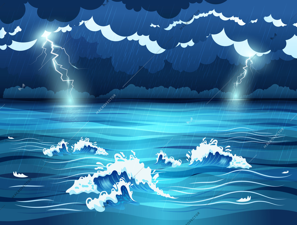 Sea waves and dark sky with lightnings during storm flat vector illustration