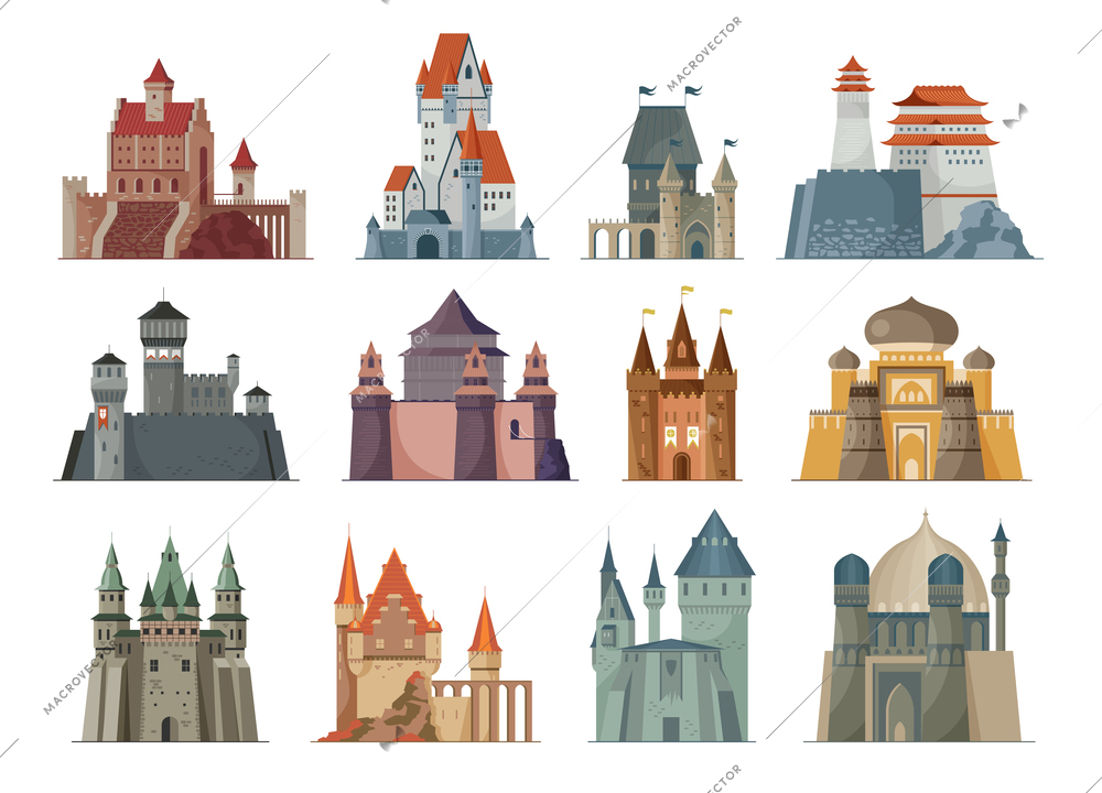Flat set of medieval castles in different architectural styles on white background isolated vector illustration