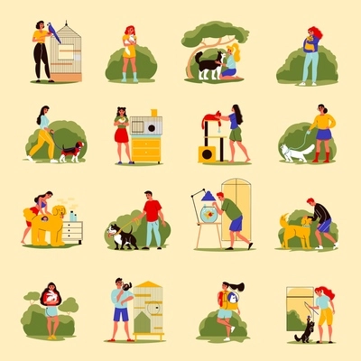 People pets set of isolated icons with doodle style human characters of masters with their pets vector illustration