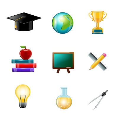 Education school supplies realistic icons set with graduation hat globe award isolated vector illustration