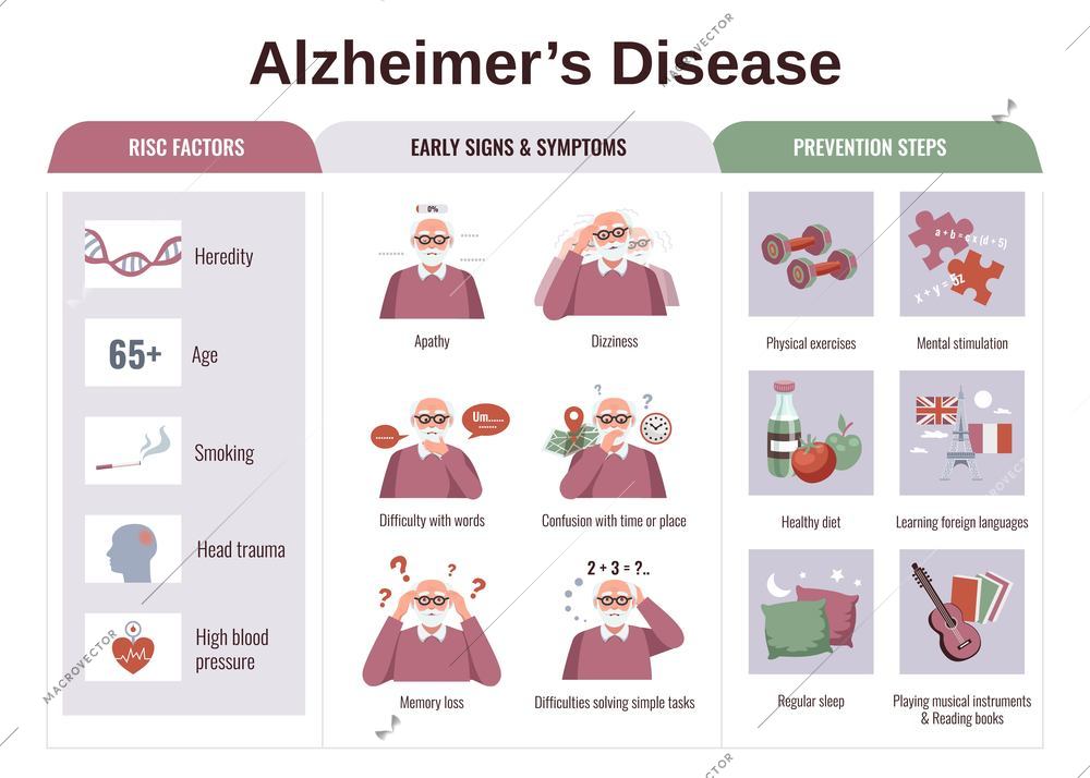 Flat infographics with risk factors symptoms and prevention steps of alzheimer disease vector illustration