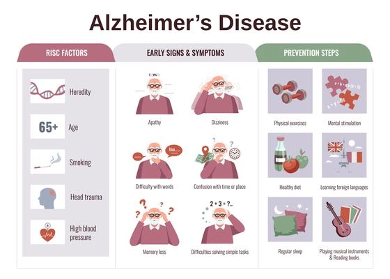 Flat infographics with risk factors symptoms and prevention steps of alzheimer disease vector illustration