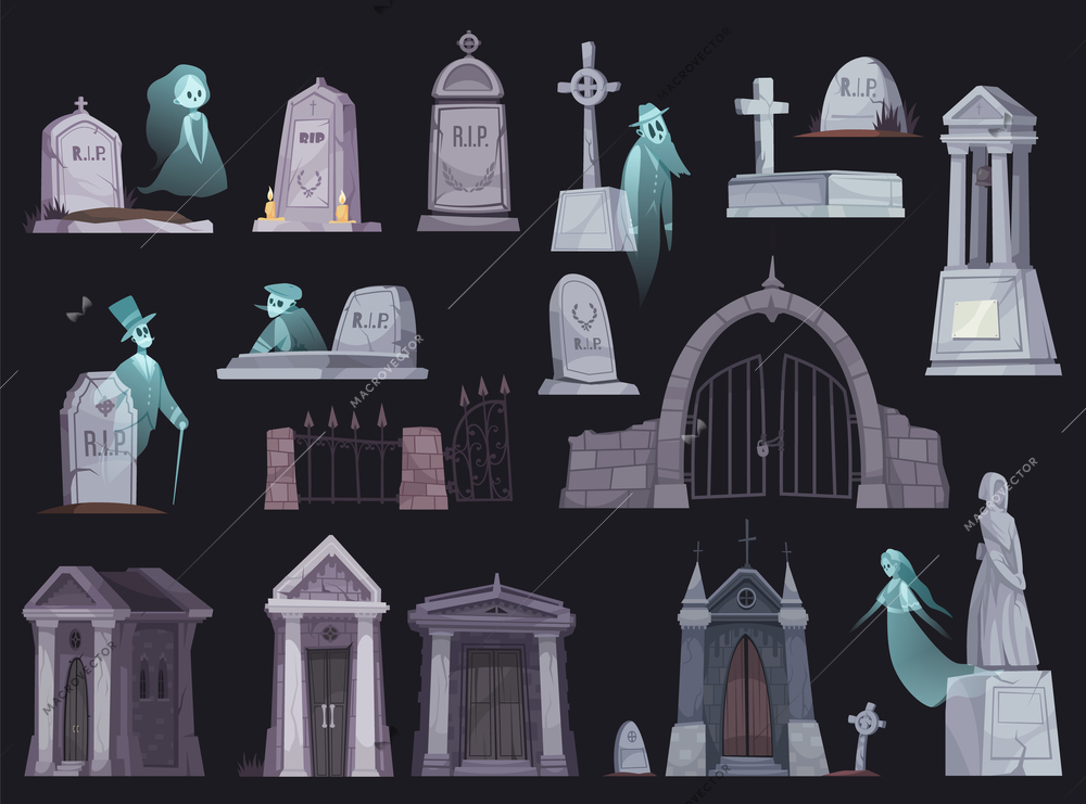 Cartoon icons set with old cemetery fence chapel tombstone crypt cross and ghost isolated on black background vector illustration