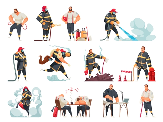 Cartoon icons of firefighters in uniform in different situations isolated on white background vector illustration