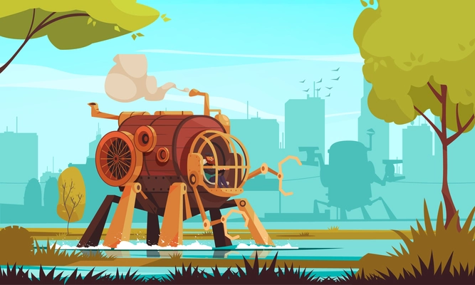 Big steampunk vintage machine with robotic arms and man in cabin outdoors cartoon vector illustration