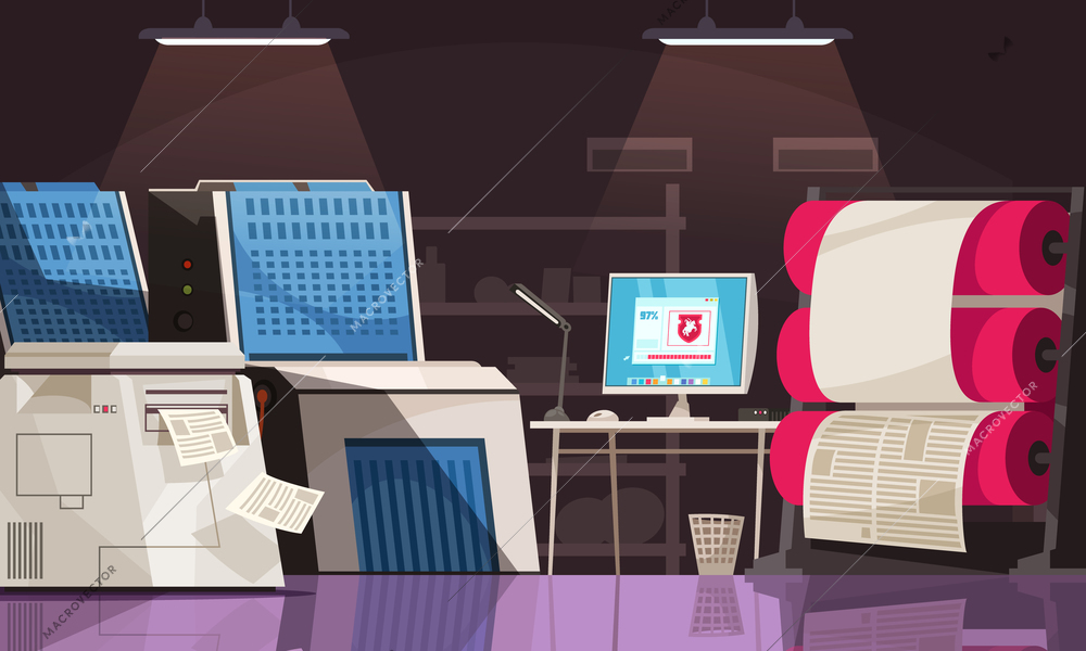 Press equipment and desk with computer in printing house room cartoon vector illustration