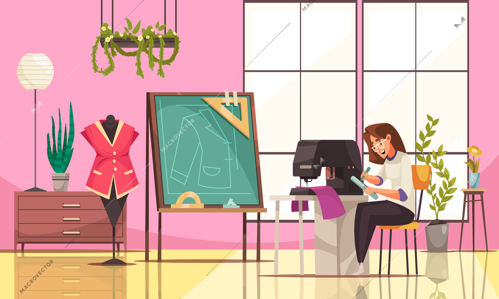 Happy young seamstress using sewing machine in modern studio cartoon vector illustration