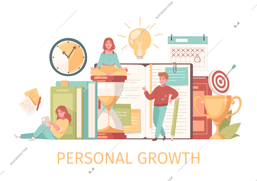 Personal growth self development composition with text and human characters with notebooks target and time icons vector illustration