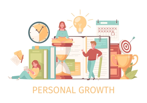 Personal growth self development composition with text and human characters with notebooks target and time icons vector illustration