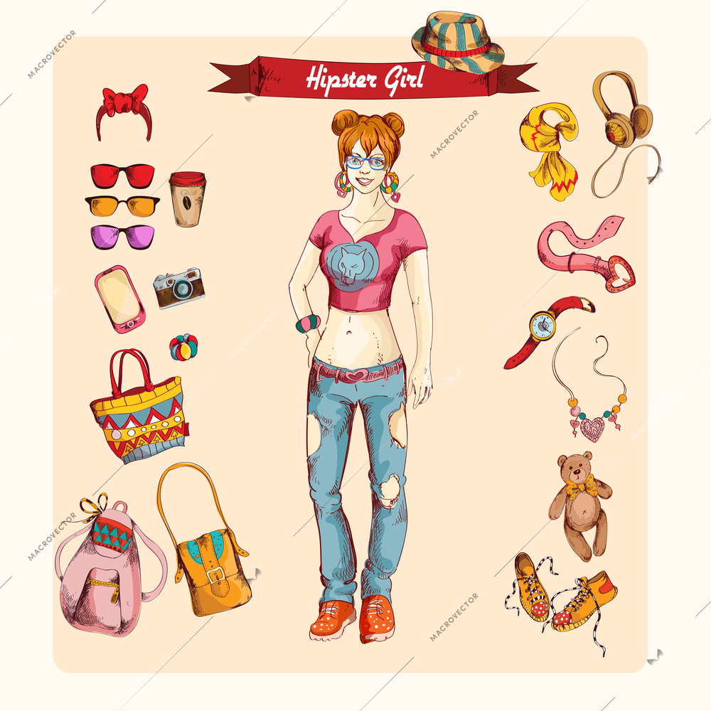 Hipster girl character sketch colored set with backpack teddy bear coffee isolated vector illustration