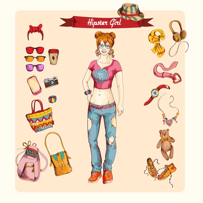 Hipster girl character sketch colored set with backpack teddy bear coffee isolated vector illustration