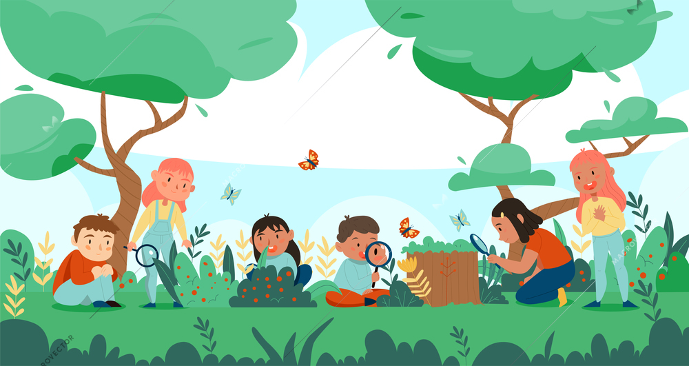 Nature study forest composition with outdoor landscape and group of children human characters discovering wild nature vector illustration