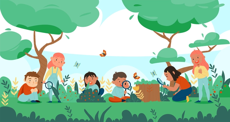 Nature study forest composition with outdoor landscape and group of children human characters discovering wild nature vector illustration