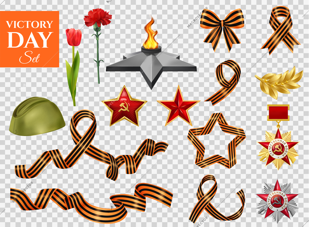 Realistic victory day transparent set of isolated world war icons saint george ribbons medals and flowers with text "Patriotic War" on medal vector illustration