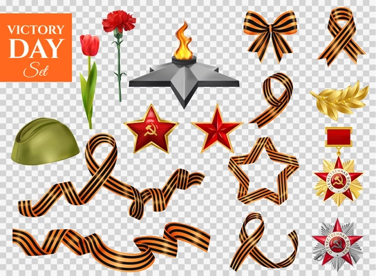 Realistic victory day transparent set of isolated world war icons saint george ribbons medals and flowers with text "Patriotic War" on medal vector illustration