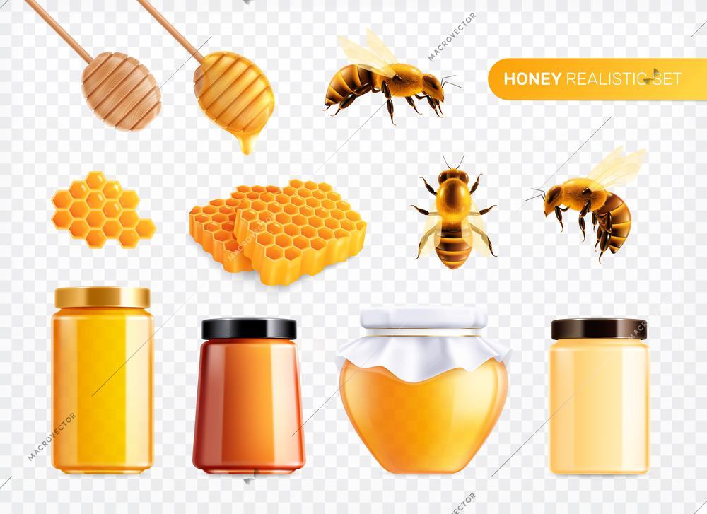 Honey realistic set with isolated images of bees with combs and glass cans filled with honey vector illustration