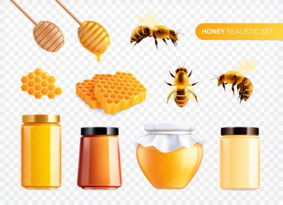 Honey realistic set with isolated images of bees with combs and glass cans filled with honey vector illustration