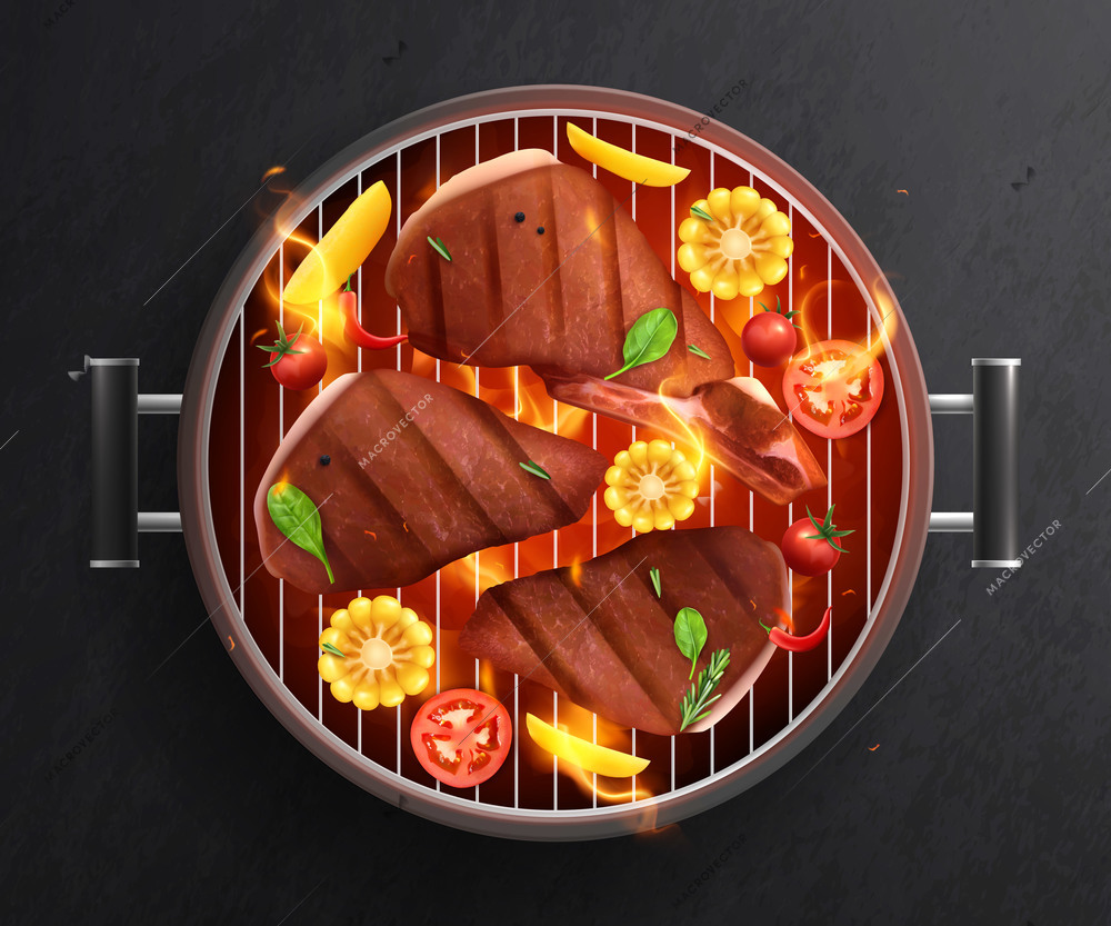 Roasted meat vegetables bbq grill realistic composition with top view of pot with slices of meat vegetables vector illustration