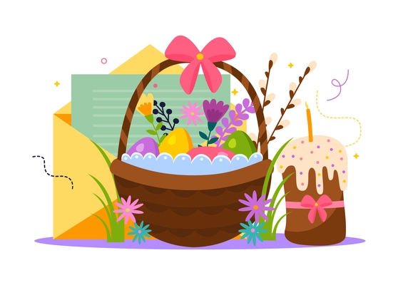 Easter flat composition with colored eggs flowers and candle vector illustration