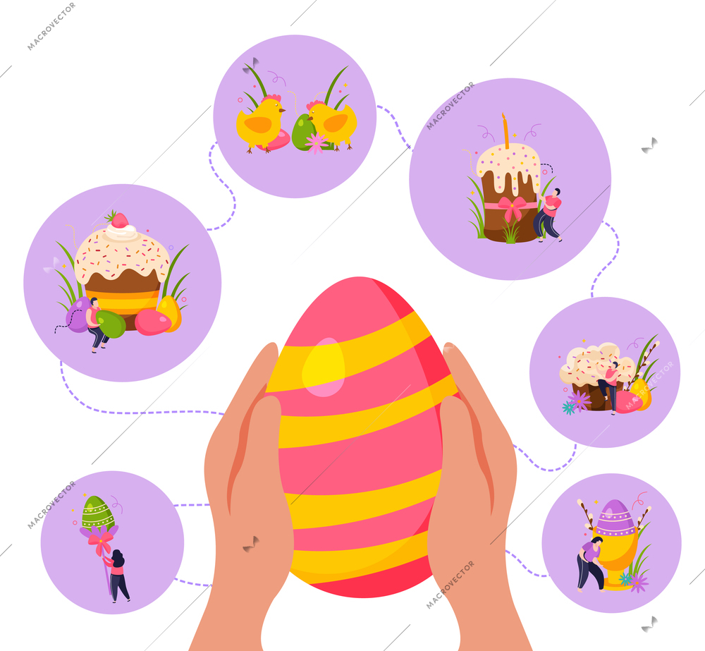 Easter celebration flat composition with colored eggs cake and twigs vector illustration