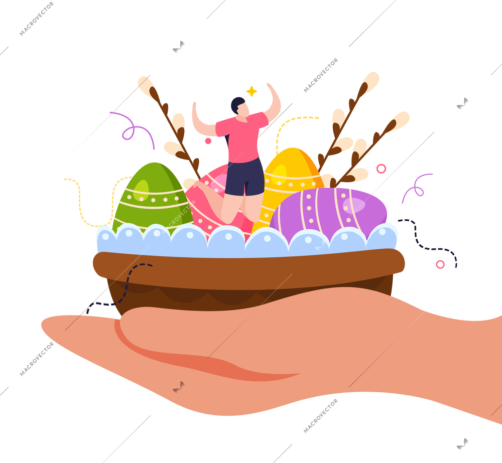 Easter holiday flat concept with colored eggs hand and twigs vector illustration