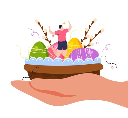 Easter holiday flat concept with colored eggs hand and twigs vector illustration