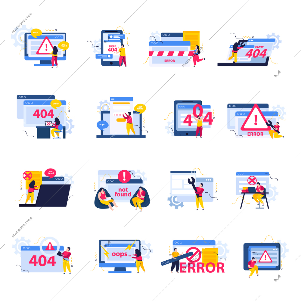 Computer repair icons set with problem solving symbols flat isolated vector illustration