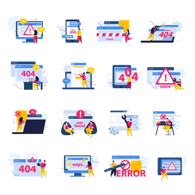 Computer repair icons set with problem solving symbols flat isolated vector illustration