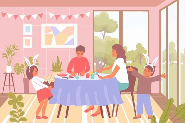 Family celebrating easter flat background with kids in rabbit suits and decorating eggs at table vector illustration