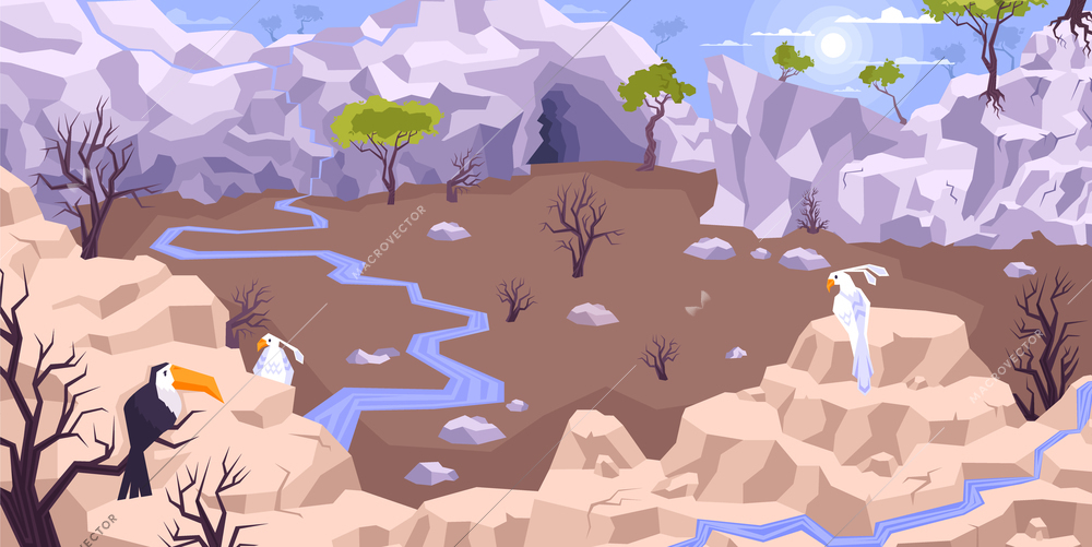 Landscape mountains flat composition with dryland scenery and tableland with brooks surrounded by cliffs with birds vector illustration