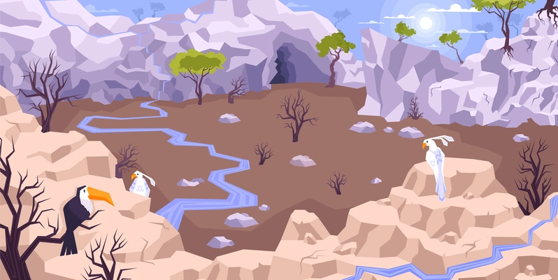 Landscape mountains flat composition with dryland scenery and tableland with brooks surrounded by cliffs with birds vector illustration