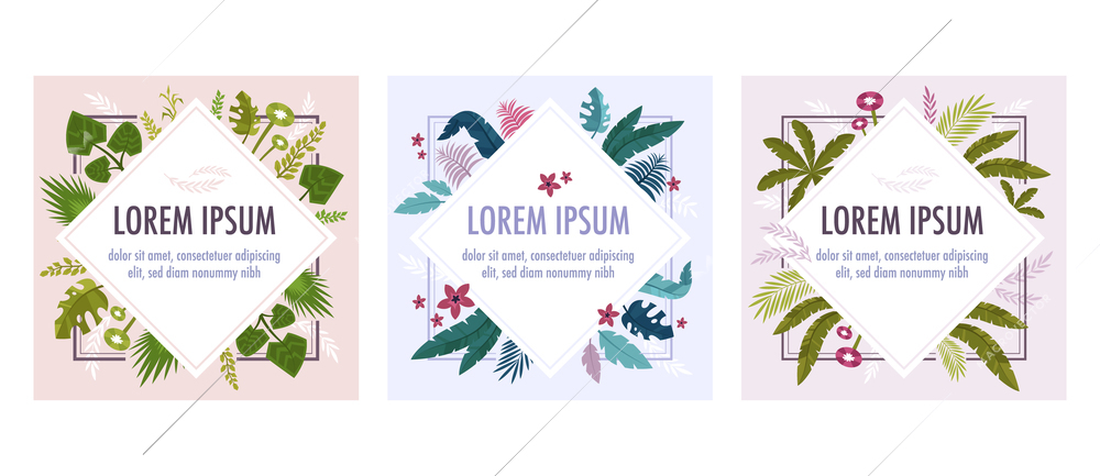 Frame plants set of three compositions with flat images of exotic leaves flowers and editable text vector illustration