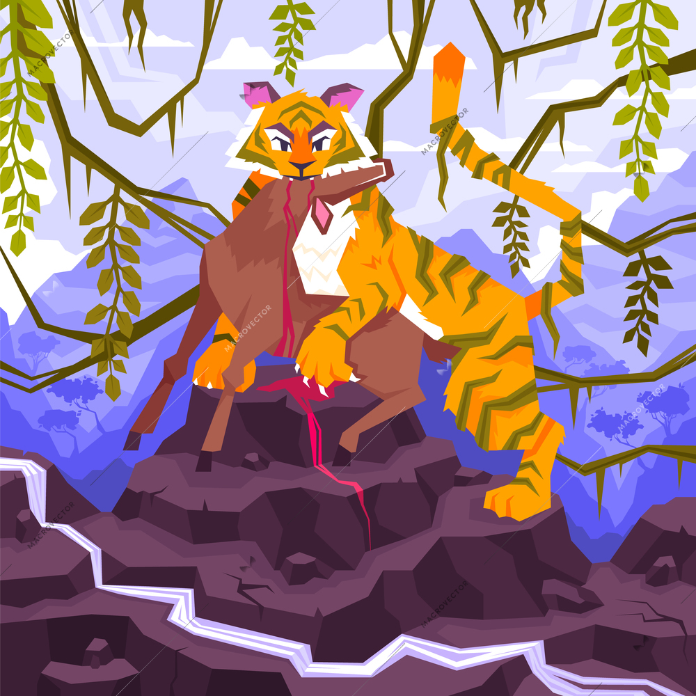 Mowgli coloring page flat composition with tropical scenery with mountain cliffs lianas and tiger eating antelope vector illustration