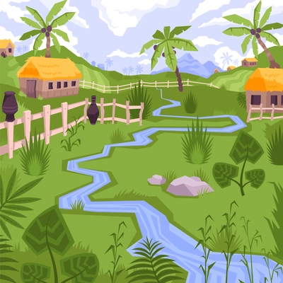 Landscape flat composition with view of exotic village with houses fence and brook with tropical plants vector illustration